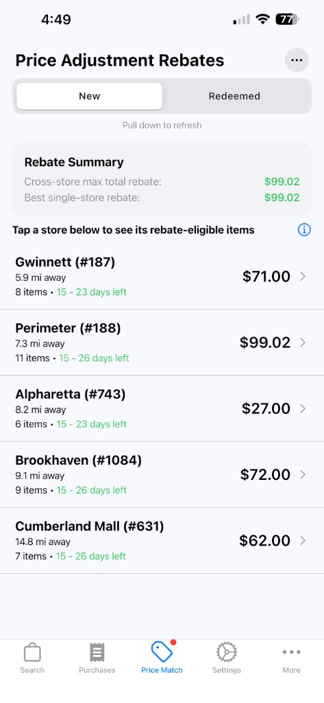 PriceBuddy Price Match screen showing rebate totals by Costco warehouse