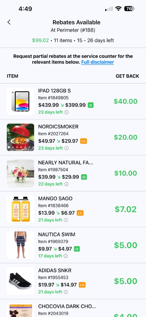 Rebates Available screen listing items and get-back amounts
