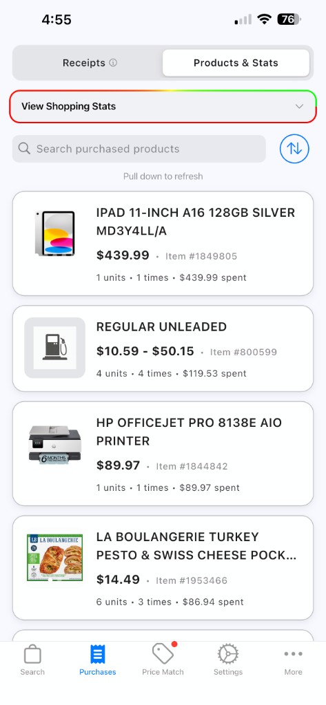 Purchases tab showing products and spending stats